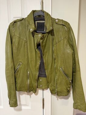 MAURITIUS Olive Green Leather Moto Jacket